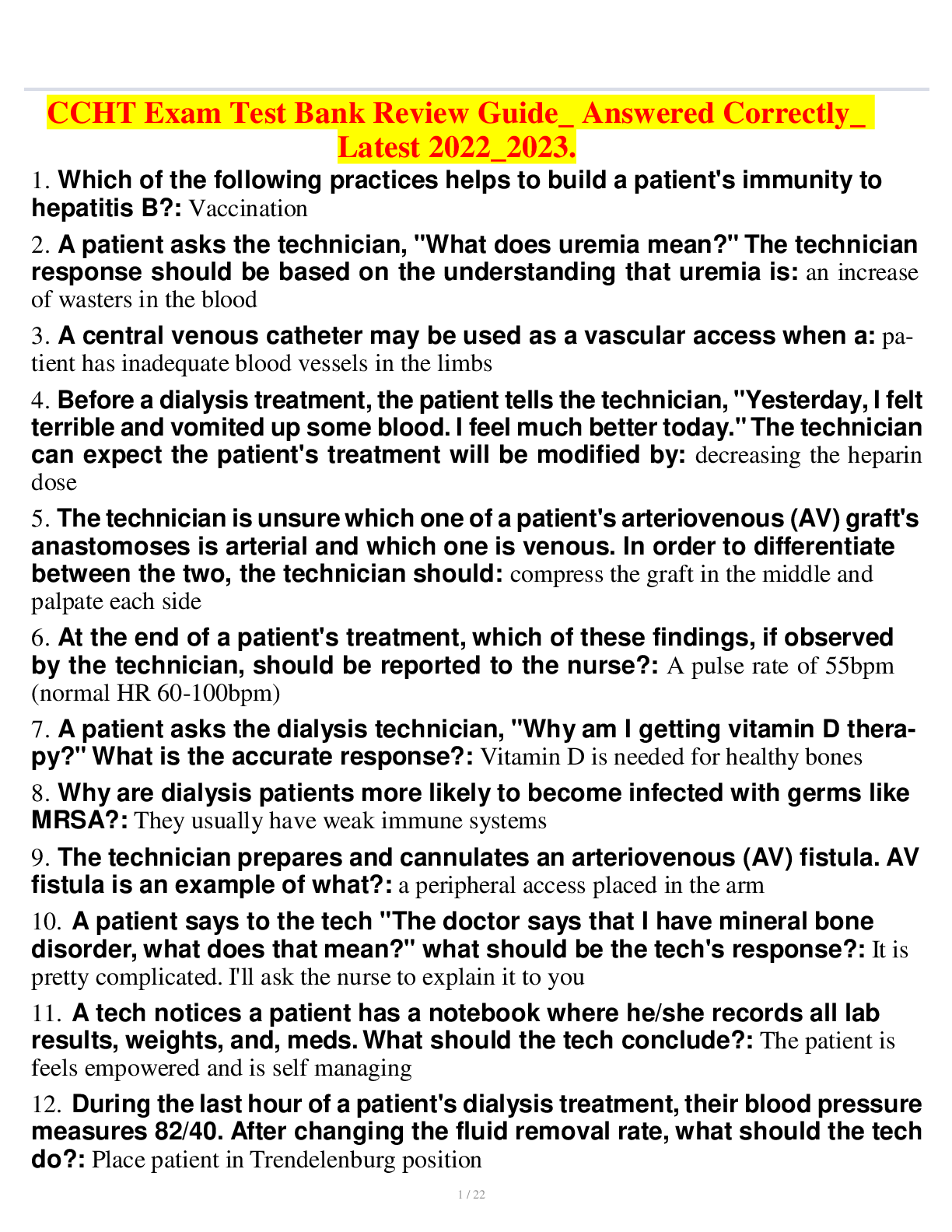 Preview image for CCHT Exam Test Bank Review Guide_ Answered Correctly_ Latest 2022/2023.